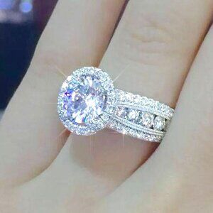 😍NEW QUEEN💍Silver (Stamped s925) Round Cut Halo Bridal Promise Ring, F007